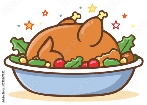 Celebratory Meal Illustration with Roasted Bird, Vegetables and Star Confetti