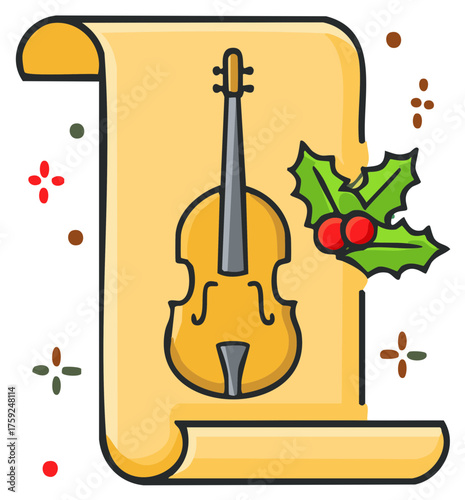 Illustration of a yellow violin on a scroll with holly berries and festive accents