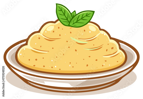 Creamy Hummus Dip with Fresh Green Basil Leaves in White Plate Food Illustration