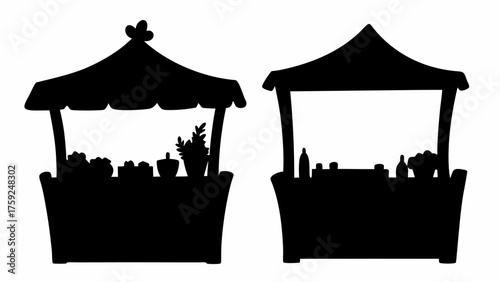 Charming silhouette of market stands offering fresh produce, crafts, and local goods on market day
