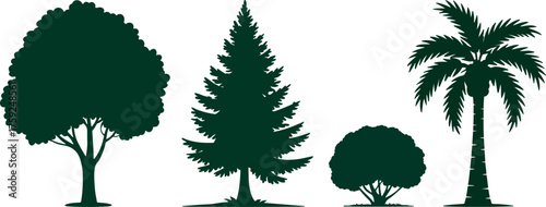 A diverse collection of tree silhouettes, showcasing a deciduous tree with a full canopy, a classic pine tree, a compact bush, and a tall palm tree, each distinct in shape and form