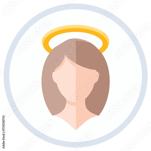 Faceless female head illustration with golden halo. Flat design avatar icon symbolizing angel or saint.