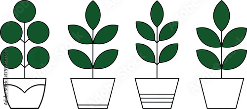 Four potted plants, each with a unique leaf shape and pot design, , creating a minimalist and decorative aesthetic for home decor or botanical illustration projects