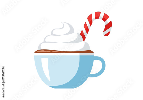 A cartoon cup of hot chocolate with whipped cream  a candy cane