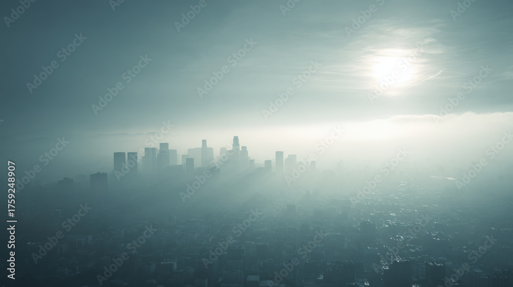 Fototapeta premium Cityscape in Haze with Sun and Clouds