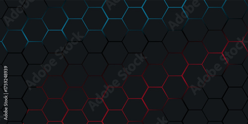 Dark red and blue hexagon abstract technology background with red and blue colored bright flashes under hexagon. Hexagonal gaming vector abstract tech background.
