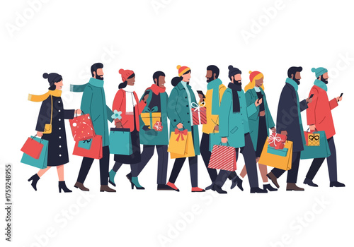 A crowd of shoppers in winter clothes carry bags  gifts some using phones