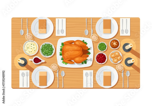 A festive Thanksgiving dinner is set on a wooden table for four people