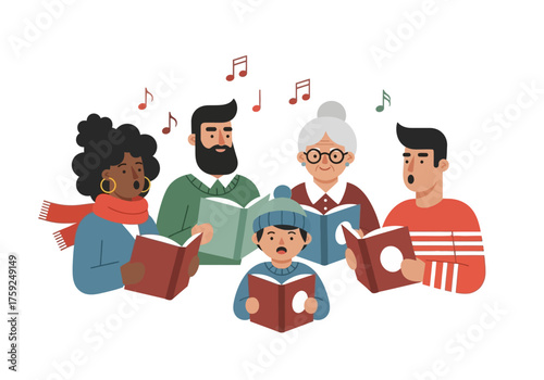 A group sings from books with musical notes floating above their heads