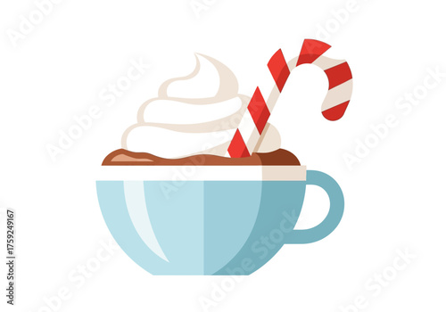 A light blue cup holds hot chocolate topped with whipped cream and a redwhite striped candy cane