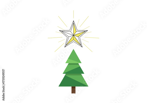A stylized Christmas tree with a radiant star on top simple and flat design