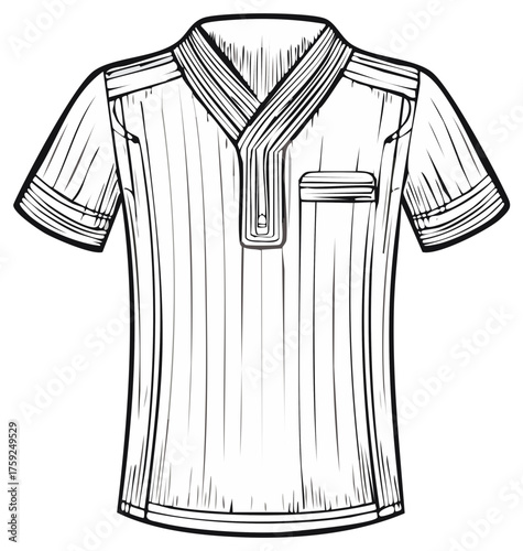 Fashion flat sketch of a men's short sleeve tunic shirt with stripe detail and chest pocket