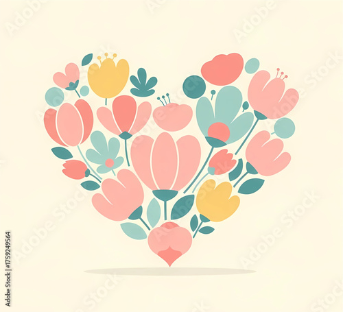 Stylized heart shape formed by a cluster of simple, colorful flowers in a cheerful palette of pink, yellow, and blue, representing joy and affection.