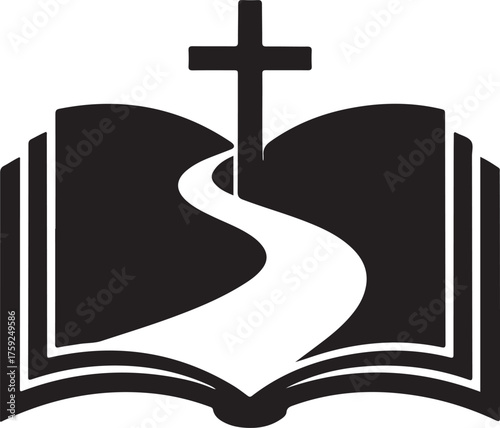 Black and white graphic design featuring an open book with a cross and winding path