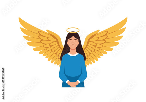 Angelic figure with golden wings halo and blue dress