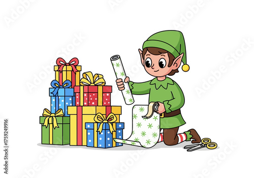 Cartoon elf kneels wrapping gifts beside a stack of presents with scissors nearby