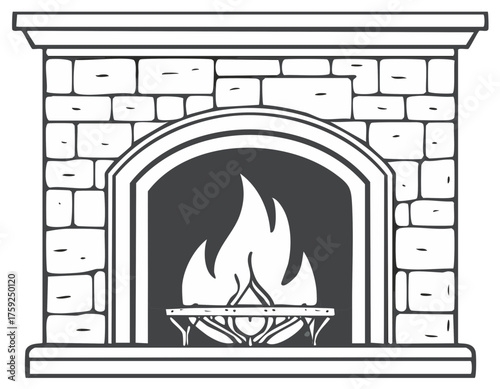 Monochrome illustration of a cozy fireplace with a burning fire. Stone mantel design.