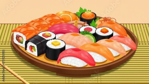 A healthy gourmet Japanese sushi meal of salmon and rice rolls on a fresh plate vector