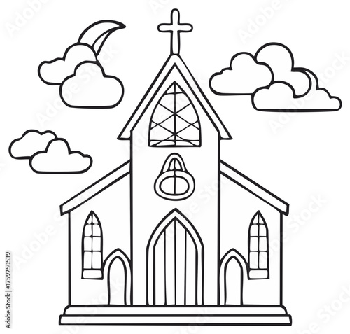 black and white church with clouds clip art preview