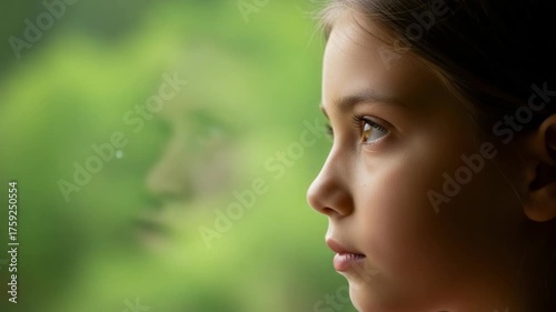 Closeup profile of a young girl looking out a window