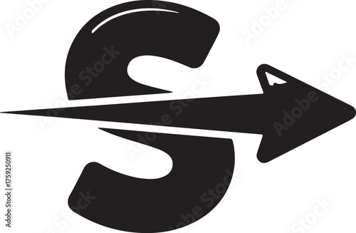 Stylized letter s with arrow piercing through it isolated on white background