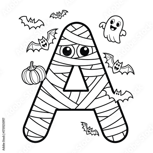 Halloween Letter A Coloring Page with Bats, Ghosts, and Pumpkins