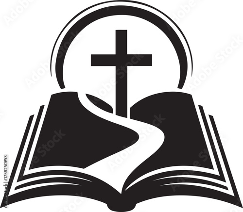 Open bible with cross and path isolated on white background for religious logo
