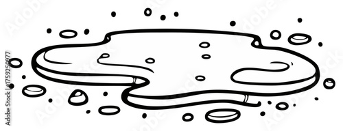 Illustration of a Water Puddle or Liquid Spill with Droplets in a Line Art Style Depicting Cartoonish Mess