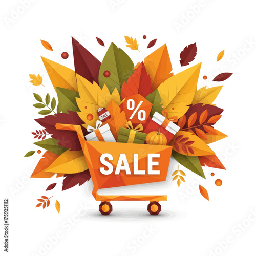 Autumn sale shopping cart with leaves and gifts illustration.