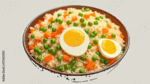 A healthy, hot vegetarian vegetable soup dish with a fried egg and parsley