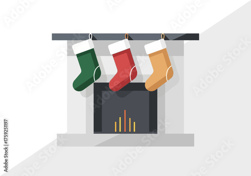 Fireplace with green red and orange Christmas stockings hanging casting shadows