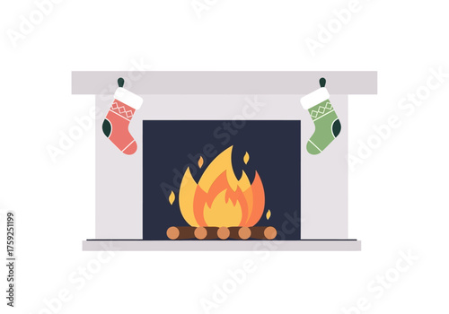 Fireplace with hanging stockings glowing fire and logs