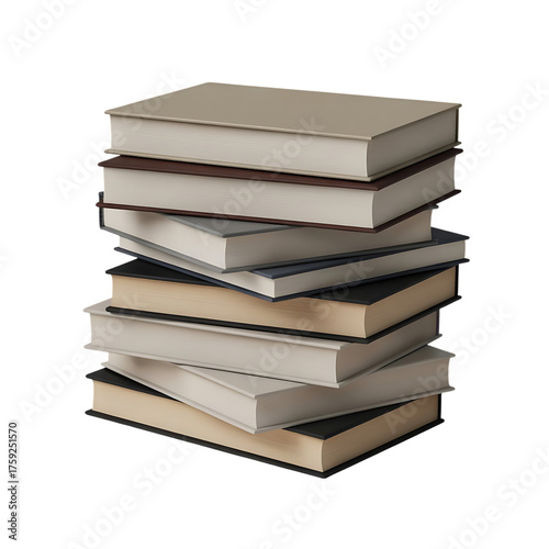 Realistic 3d stack of hardcover books with blank covers on a plain surface offering a clean display isolated on transparent background