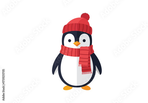 Penguin wearing red hat and scarf on a white background