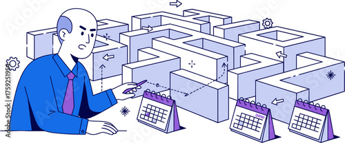 A businessman navigates a complex maze, managing time with calendars, symbolizing challenges, strategy, and planning for successful business ventures.