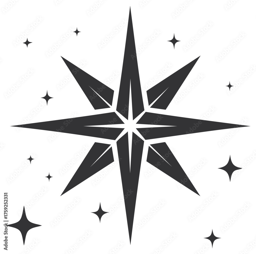 Fototapeta premium Shining Eight Pointed Star with Sparkles Celestial Vector Icon