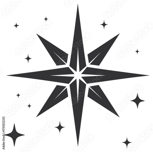 Shining Eight Pointed Star with Sparkles Celestial Vector Icon
