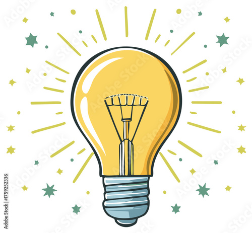 Illuminated light bulb with radiating lines and scattered stars, symbolizing bright ideas and creativity.