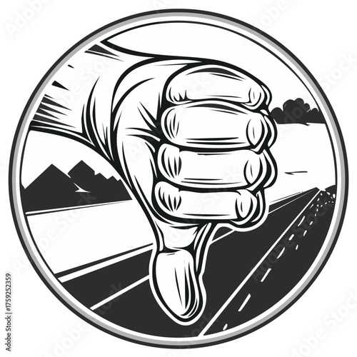 Thumbs Down Hand Gesture on Open Road with Mountains Vector Illustration