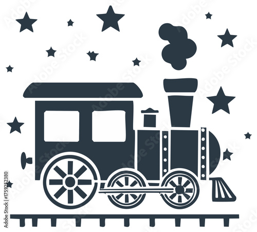 Stylized locomotive train with smoke and stars on railway for vector graphic design projects or decorative elements.