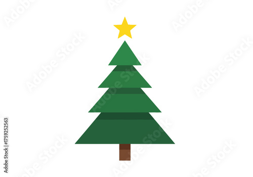Stylized Christmas tree illustration with a yellow star topper and brown trunk on a white background