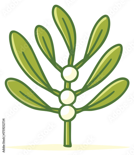 A simple cartoon illustration of a mistletoe sprig with green leaves and white berries for Christmas