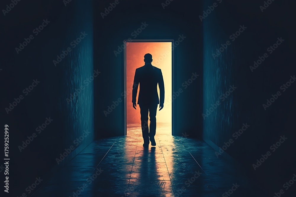 Obraz premium Silhouette figure entering mysterious light filled room picture
