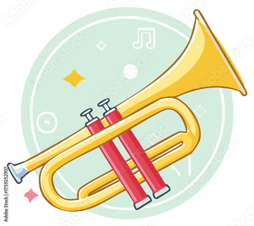 Cartoon illustration of yellow and red trumpet with musical notes