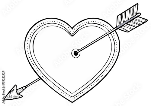 Hand drawn outline heart pierced by arrow representing love and romance