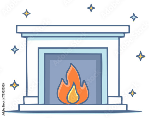 Cozy fireplace with warm flickering flames and sparkling stars, cartoon illustration