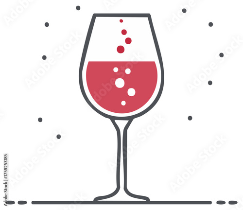 Wine glass illustration with bubbles, red wine, simple outline