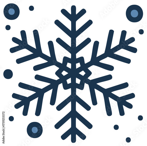 Stylized Snowflake Illustration with Floating Dots in Deep Blue and Teal Tones