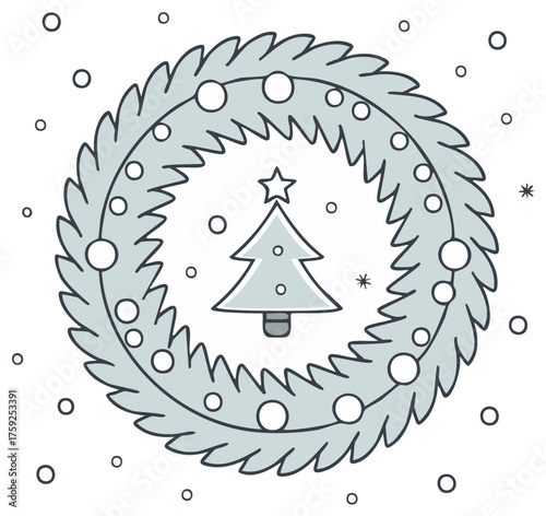 Christmas wreath with festive Christmas tree and falling snowflakes