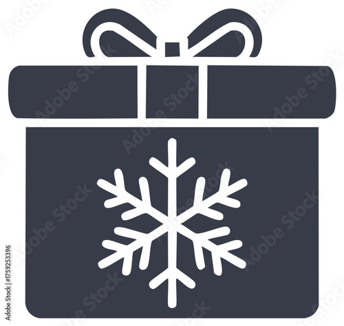 Gift box with bow and snowflake for winter holidays, vector icon symbol